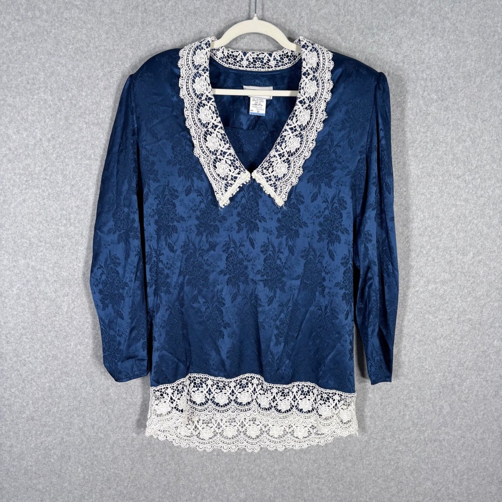 Vintage 80s Scott‎ McClintock Lace Blouse Size 10 Navy Victorian Cottage Prairie
